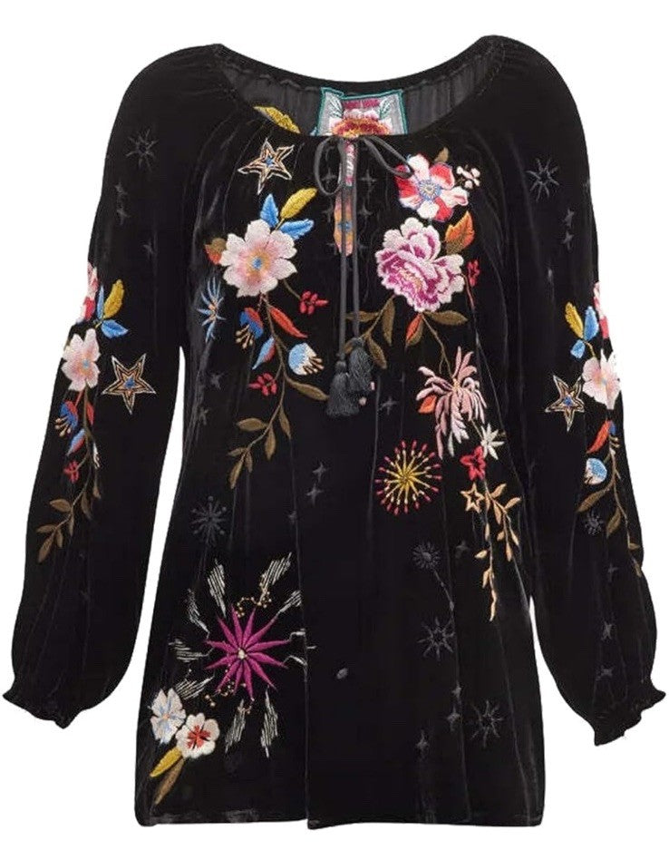 Johnny Was L Black Velvet Peasant Top Tunic Blouse Shirt Embroidered Roses Stars Johnny Was