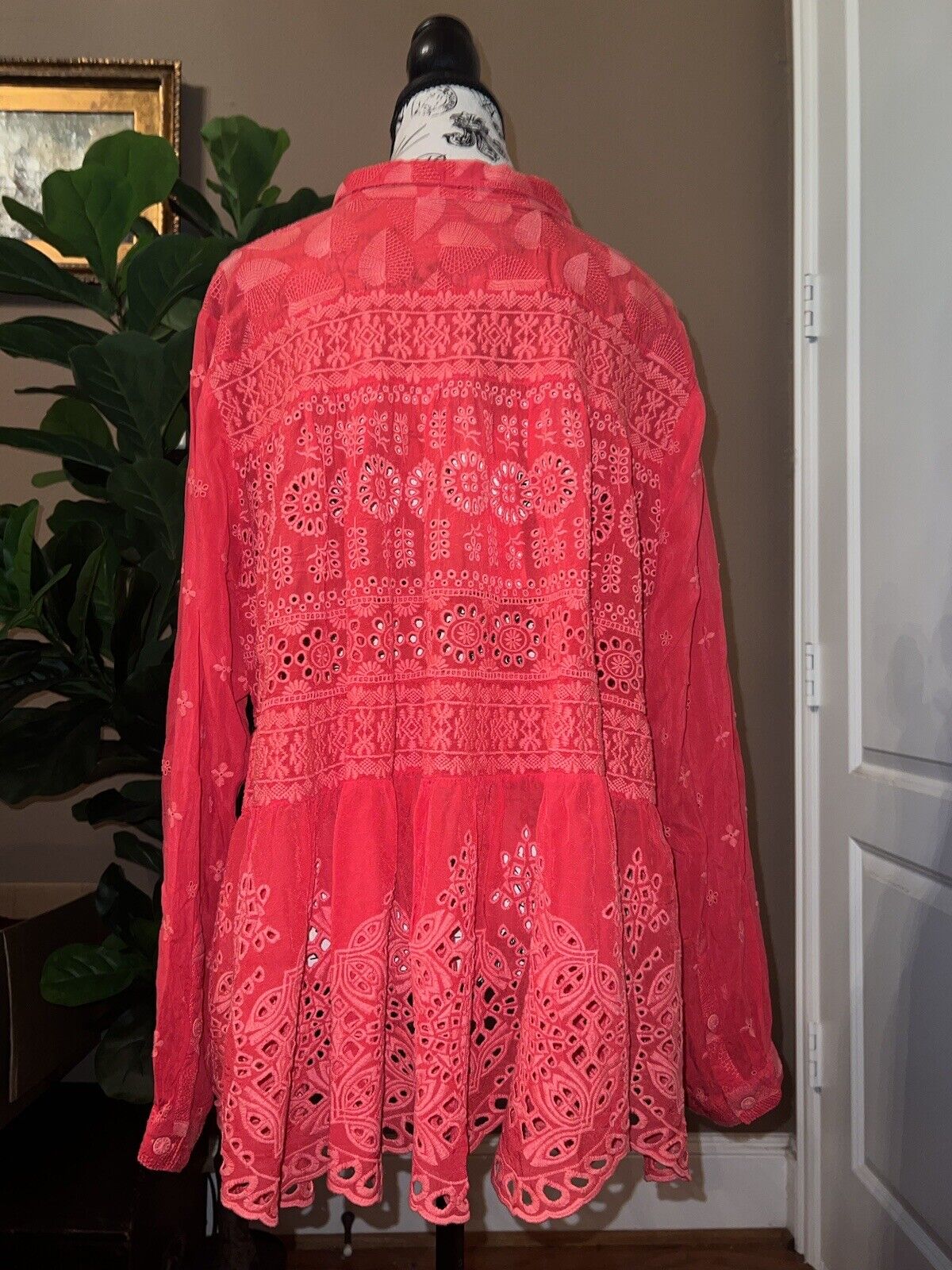 Johnny Was Sz XL Silky Coral Red Tunic Top Eyelet Embroidery