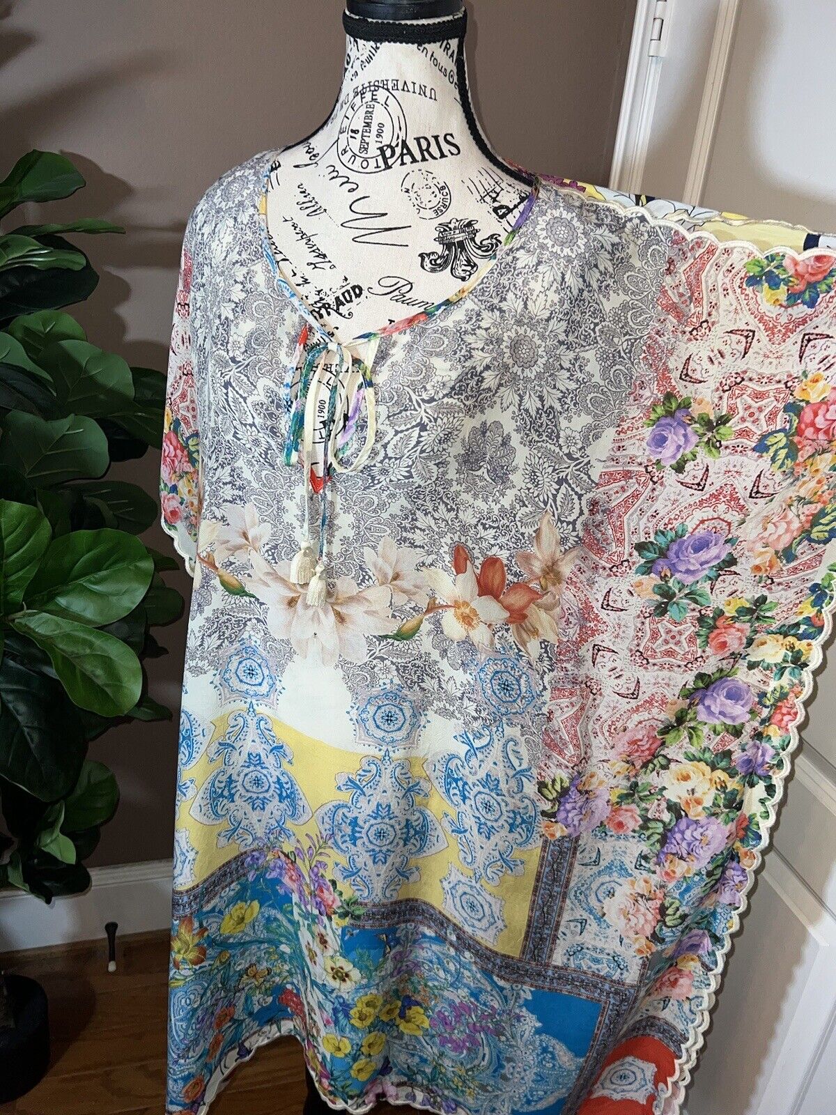 Johnny Was Silky Long Kimono Kaftan Floral & Patchwork Yellow XXL 2XL 2X SPRING