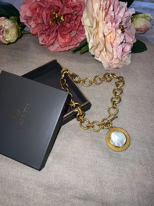 Julie Vos 24k Plated & Mother Of Pearl Toggle Link Necklace ADJUSTABLE Julie Vos