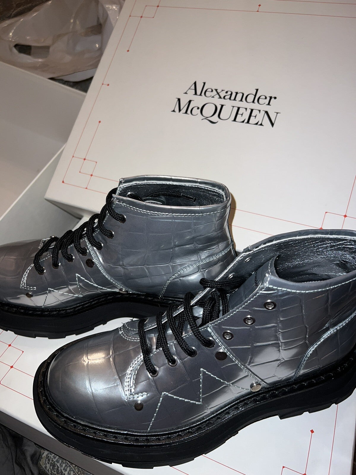 Alexander McQueen Patent Animal Print Combat Boots Silver 39.5 $1050 Retail Alexander McQueen