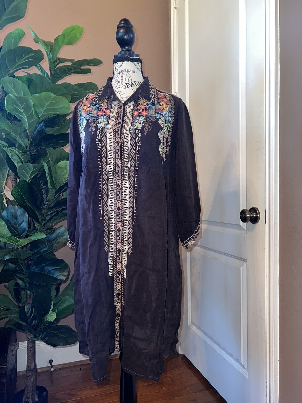 Johnny Was Brown Embroidered Silky Tunic Top Mini Dress Kimono Sleeves M Medium