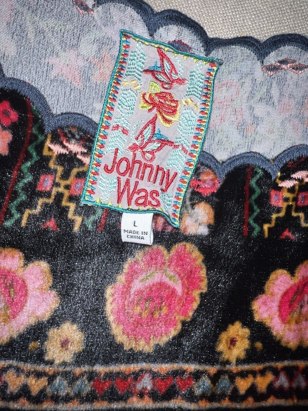 Johnny Was Black & Floral Velvet Tunic Top L Large Peasant  Roses Kimono