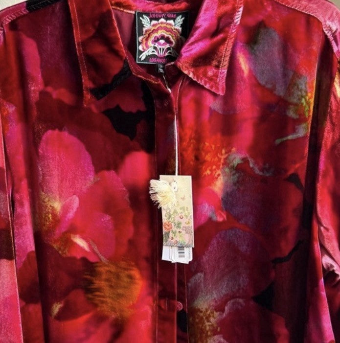 Johnny Was XXL Plus Pink & Red Velvet Button Up Shirt Blouse Top Oversized Johnny Was