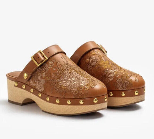 Johnny Was Mono Clog Tonal Sz 8 NIB Gorgeous Embroidered Leather