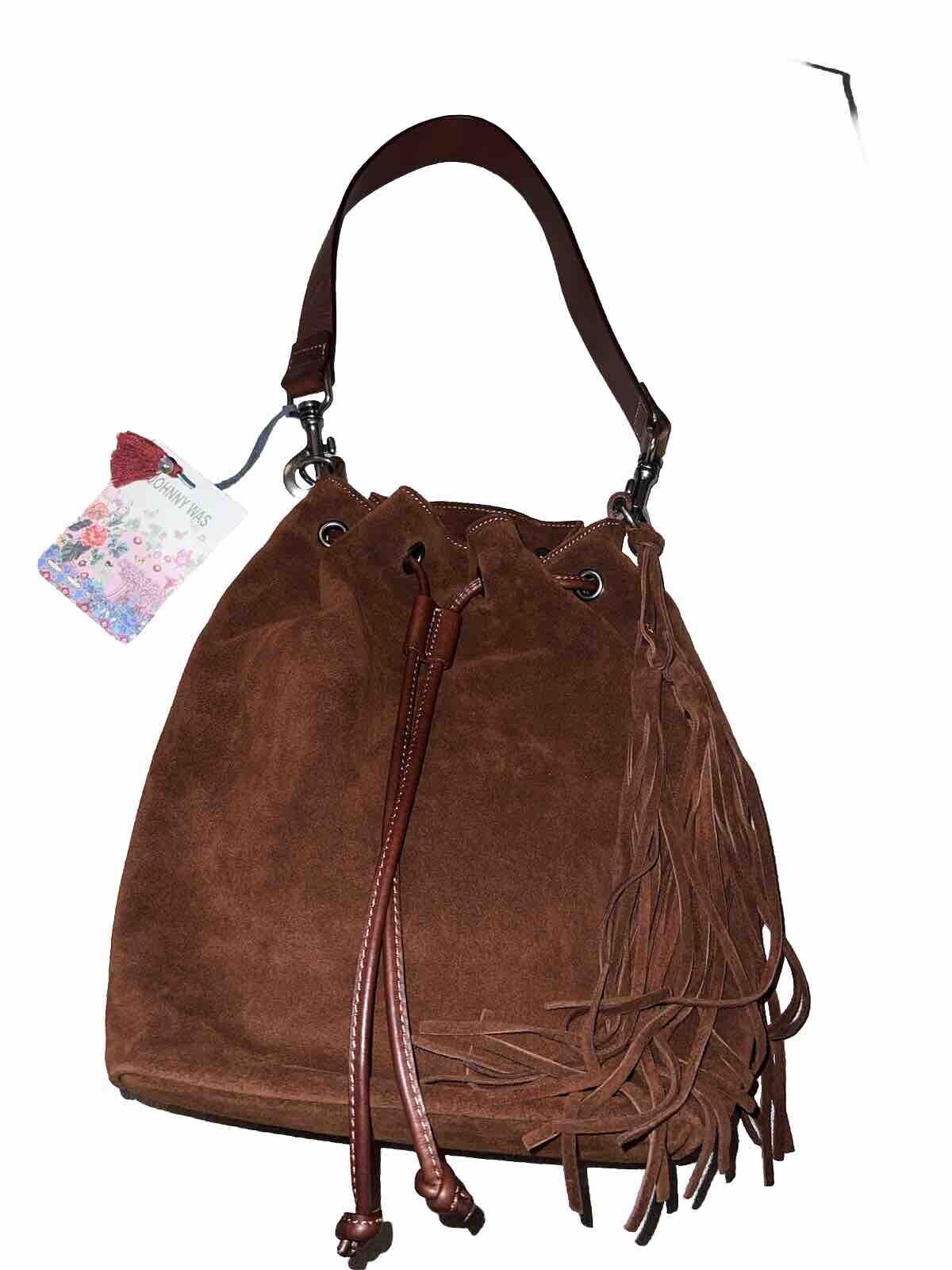 Johnny Was Brown Suede Leather Tote Bag Purse Crossbody Hobo Tassels