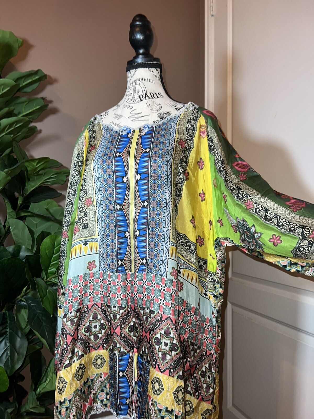 100% Silk Johnny Was Tunic Top 1X 1XL Kimono Sleeves Colorful Spring