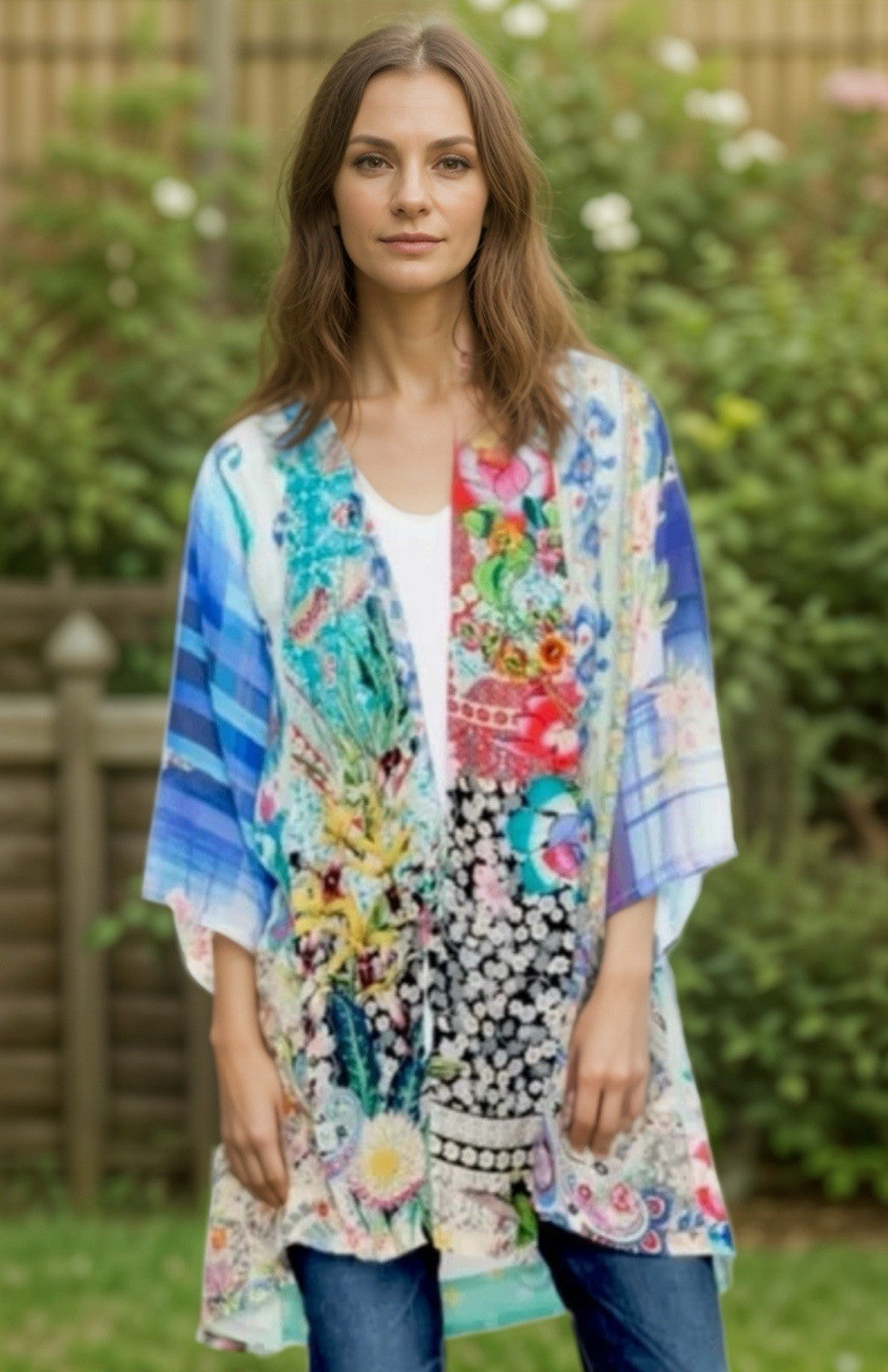Johnny Was M 100% Silk Kimono Top Lightweight Cool Florals Pastels Cardigan Wrap Johnny Was