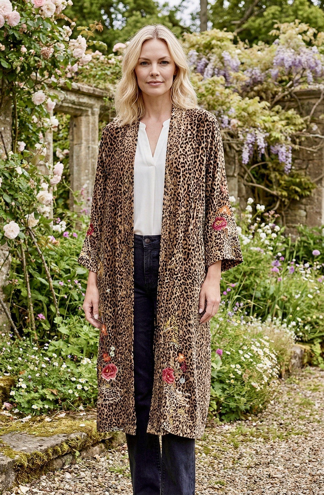 Johnny Was L Leopard Print Velvet Long Kimono Duster Coat Jacket Embroidered Johnny Was