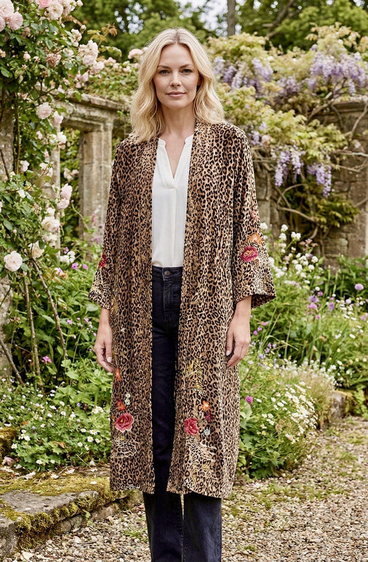 Johnny Was L Leopard Print Velvet Long Kimono Duster Coat Jacket Embroidered Johnny Was