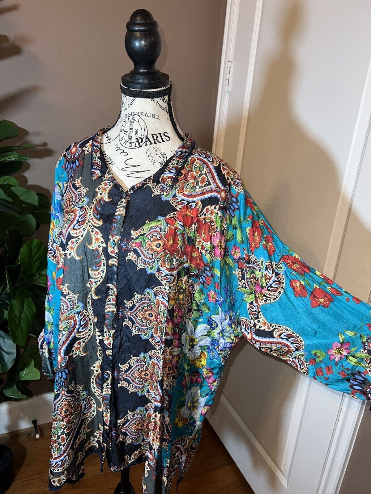 100% Silk Johnny Was Tunic Top XL 1X 1XL Kimono Feel Colorful Spring