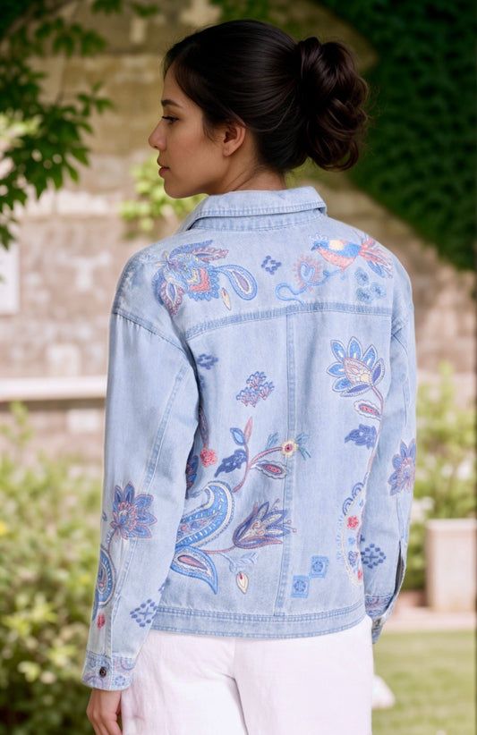 Johnny Was 3X 3XL Plus Denim Worker Jacket Coat Embroidered Birds & Paisley Johnny Was