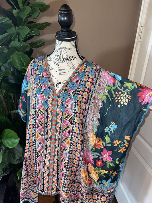 Johnny Was XL 1X 1XL 100% Silk Lagen Tunic Top Blouse Poncho Cover Up