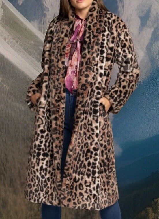 Johnny Was 3X 3XL Faux Fur & Silk Coat Leopard Print Long Length Jacket Wrap