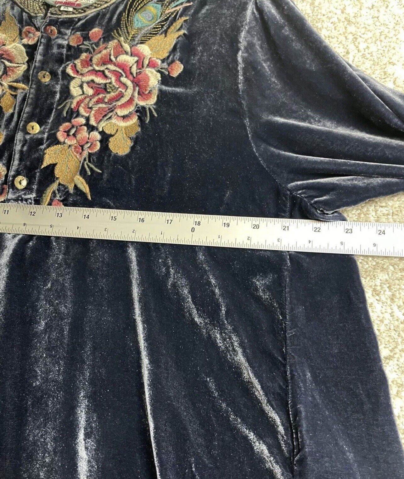 Johnny Was XL 1X Blue Velvet Kimono Mini Dress Peacock Feather Embroidery