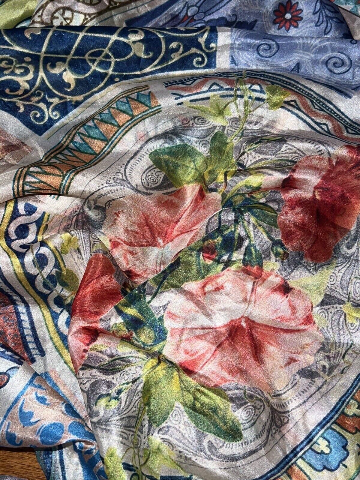 Johnny Was Silk Scarf w/ Tassels & Roses Beautiful Condition