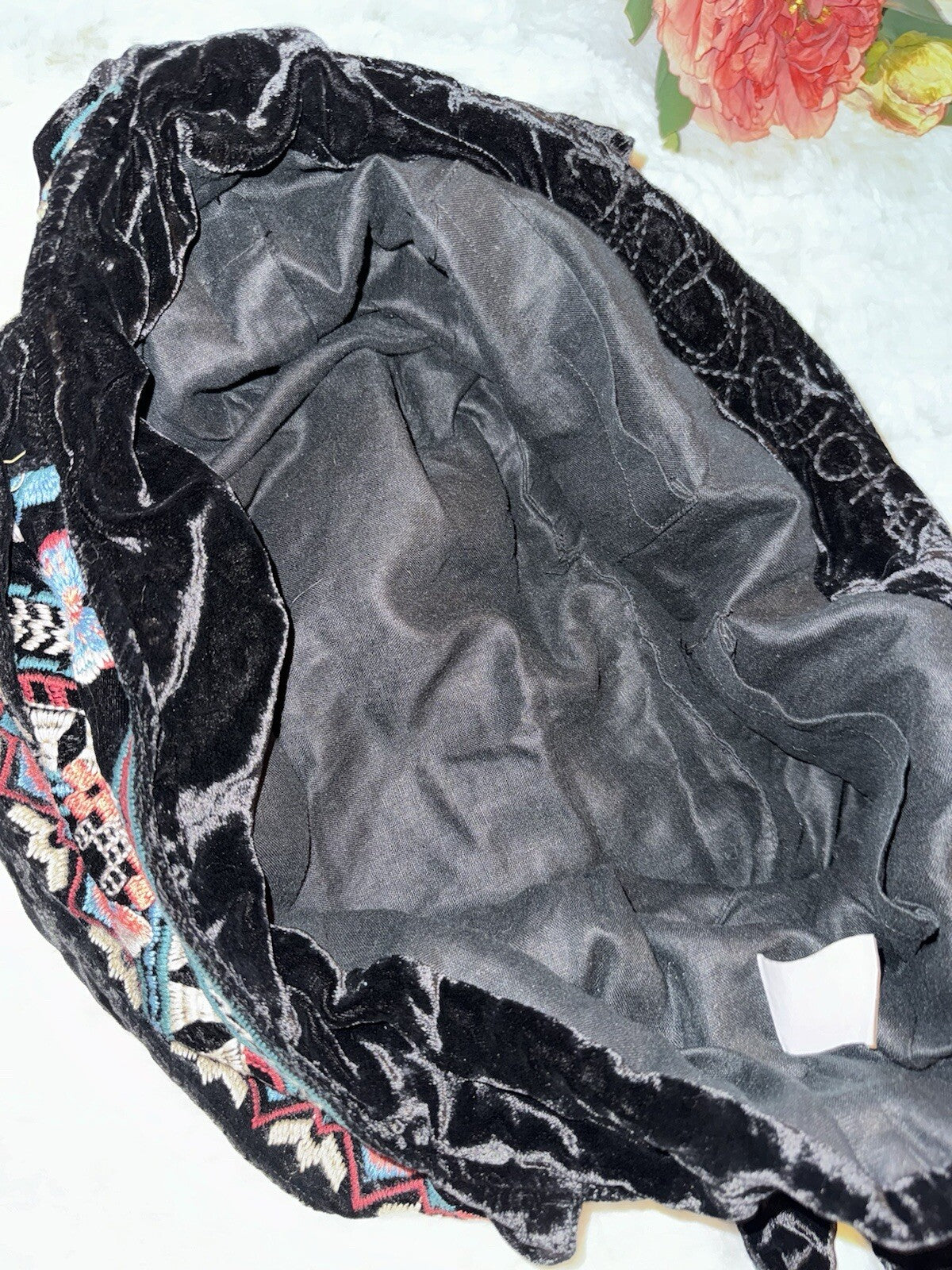 Johnny Was Large Black Velvet Hobo Bag Tote Purse Embroidered Crossbody Johnny Was