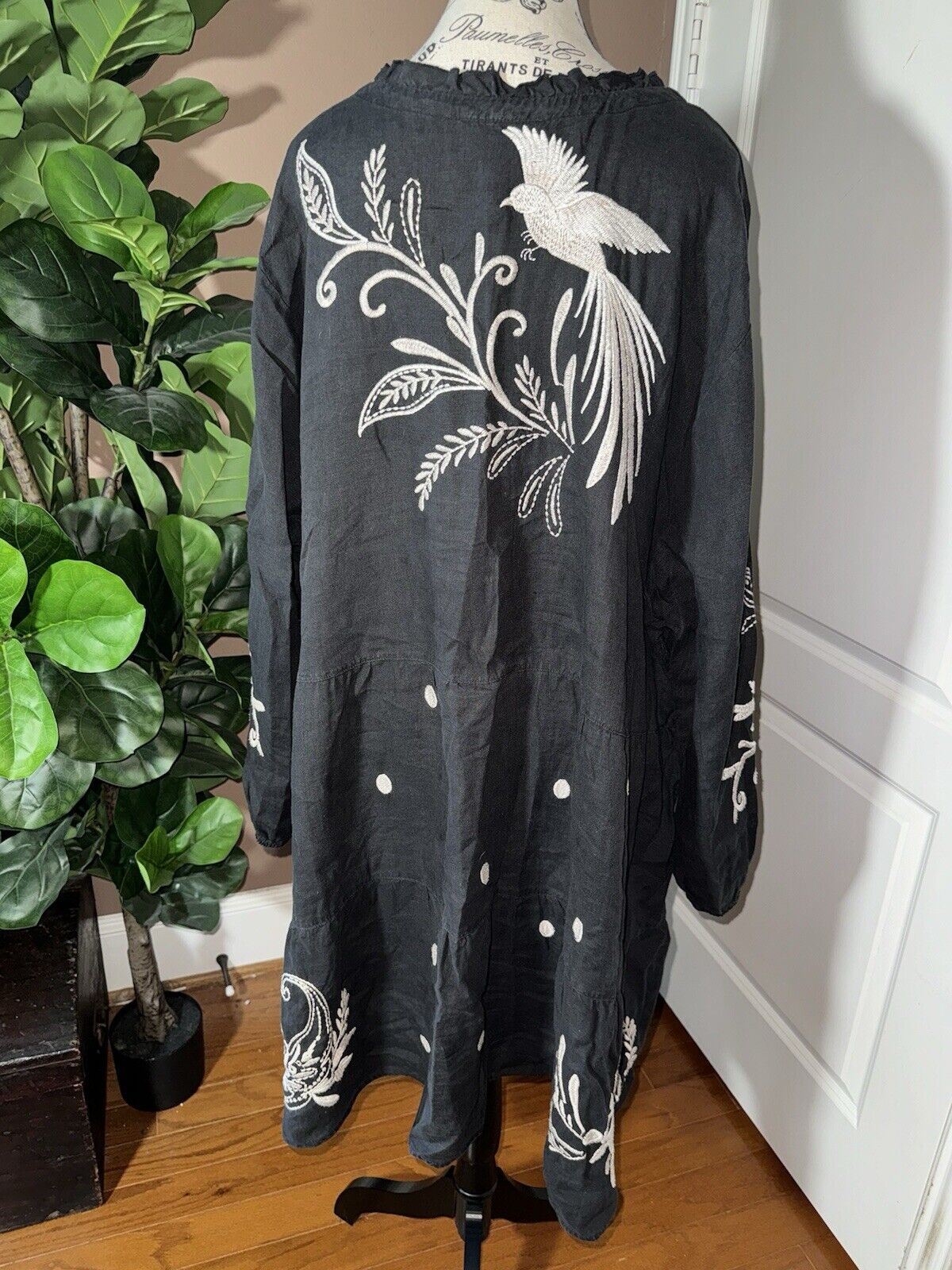 Johnny Was 3X 3XL Black Embroidered Mini Dress Baby Doll Top Birds & Flowers