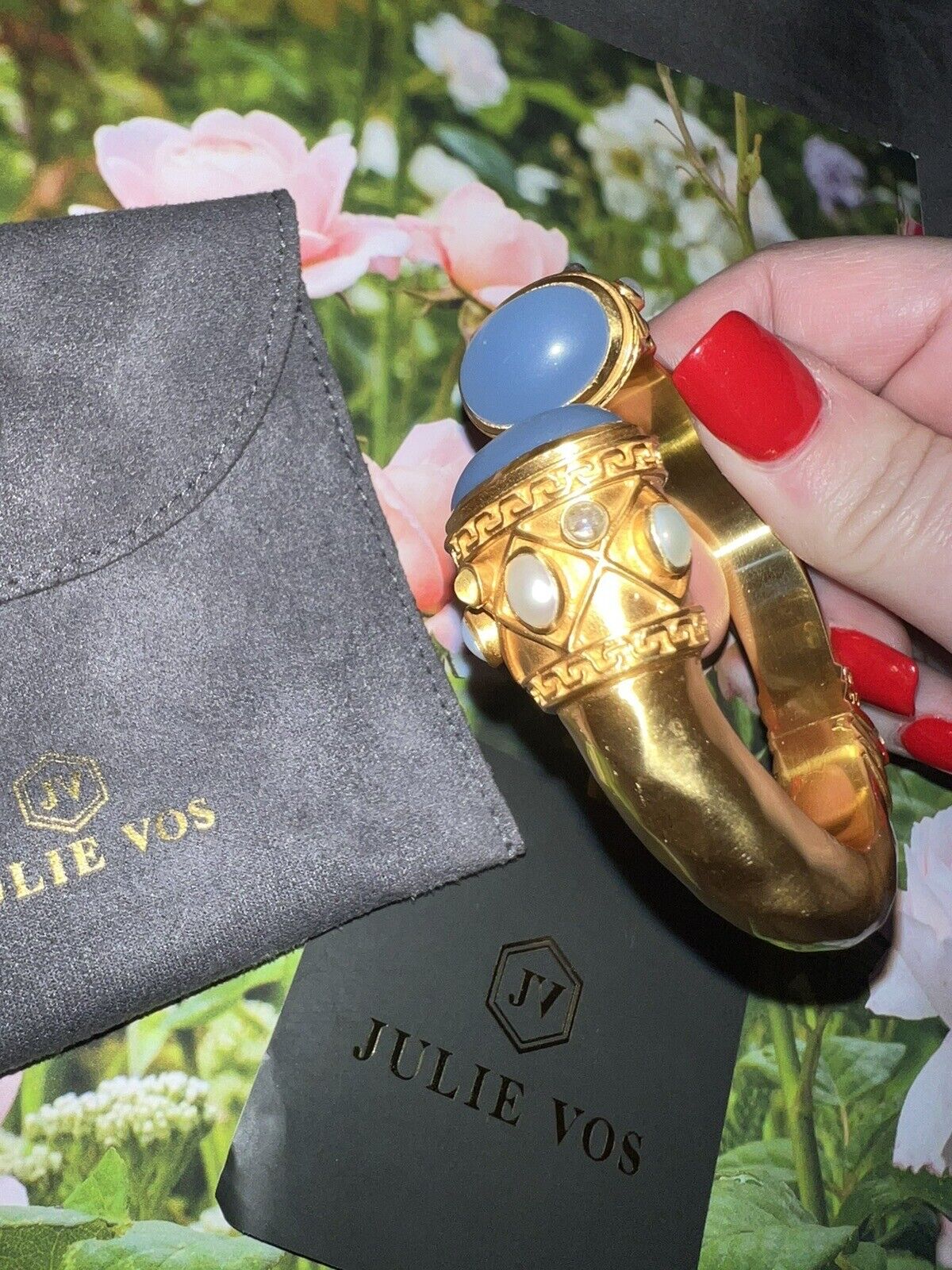 NEW Julie Vos Soft Blue Pearl & 24k Gold Plated Hinged Bangle Cuff Bracelet NWOT