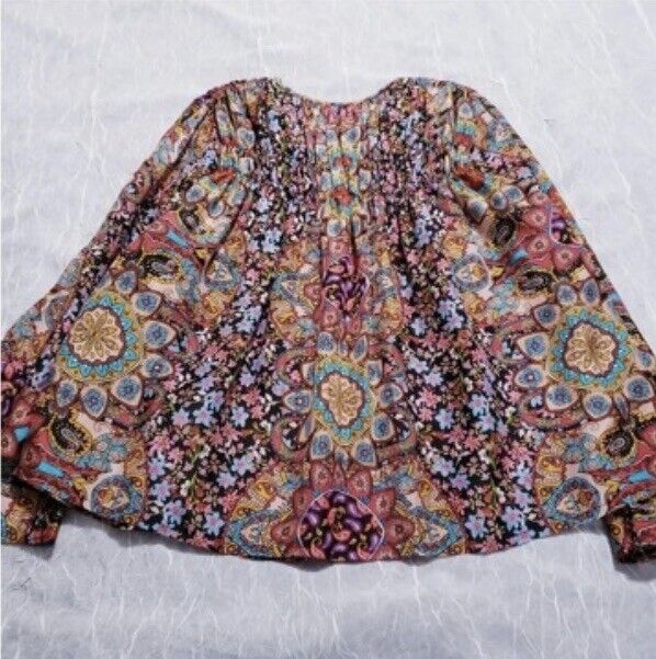 Johnny Was Peasant Top W/Flared Sleeves 100% Silk Sz S Small Boho Chic