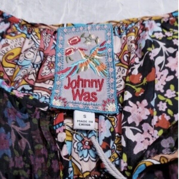 Johnny Was Peasant Top W/Flared Sleeves 100% Silk Sz S Small Boho Chic