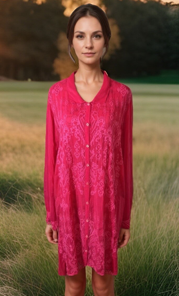Johnny Was 1X Hot Pink Mini Shift Dress Button Up Shirt Embroidered Tunic Top Johnny Was