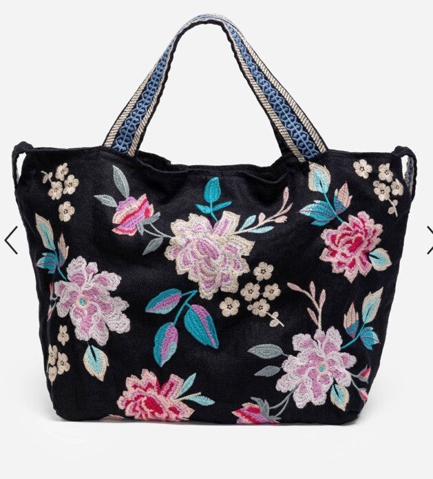 Johnny Was Large Black Embroidered Hobo Bag Tote Purse Crossbody Snakes & Roses Johnny Was