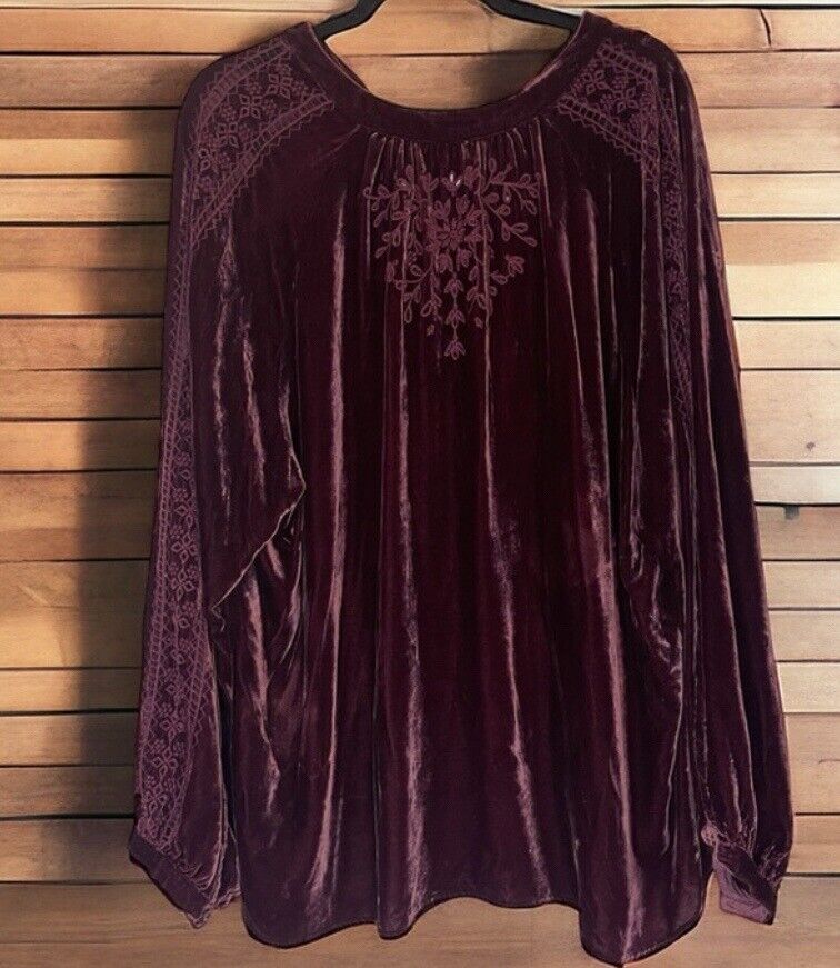 Johnny Was Burgandy Wine Velvet & Embroidered Tunic Top Kimono XL 1X 1XL