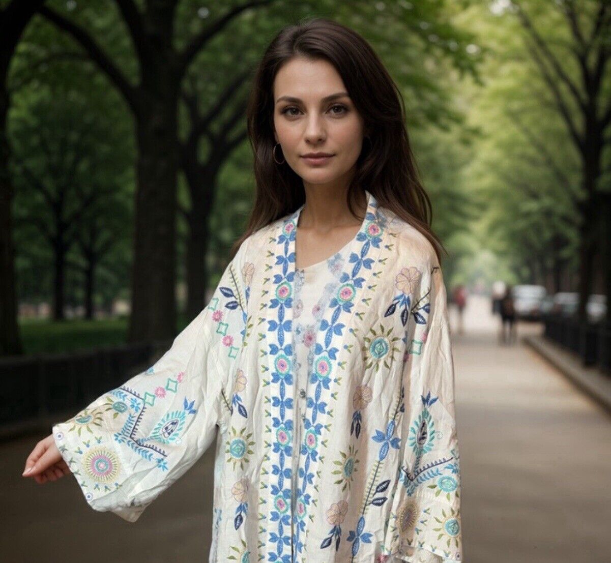 Johnny Was 3X White Linen Kimono Embroidered Blue & Pink Wrap Jacket