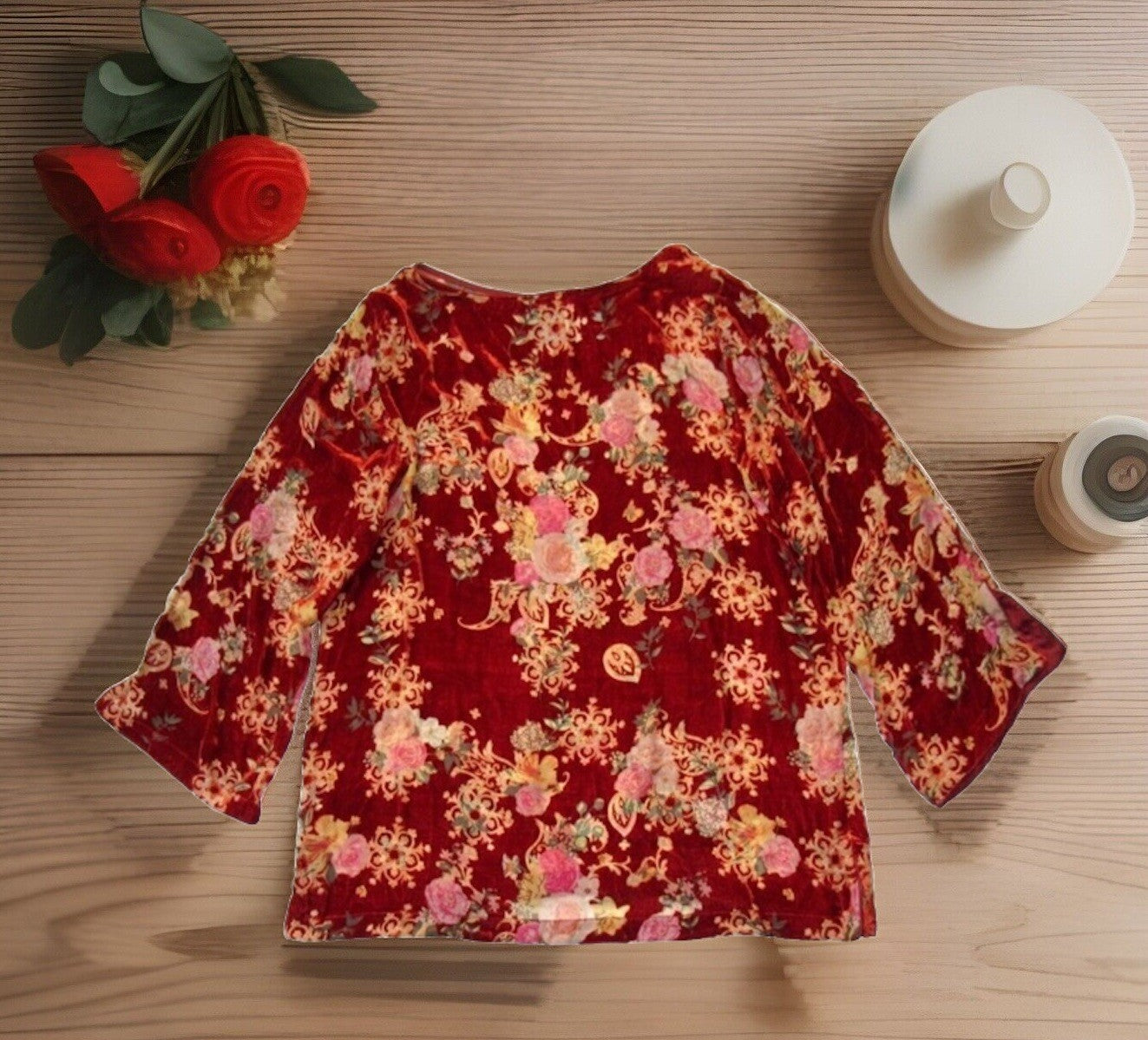 Johnny Was XL Red Burnout Velvet & Silk Tunic Top Peasant Blouse Shirt Johnny Was