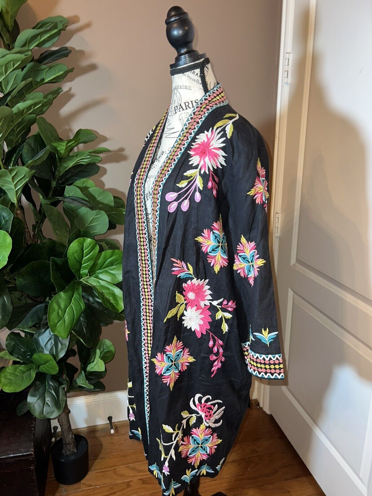 Johnny Was L Large Linen Long Kimono Duster Black Floral Embroidered