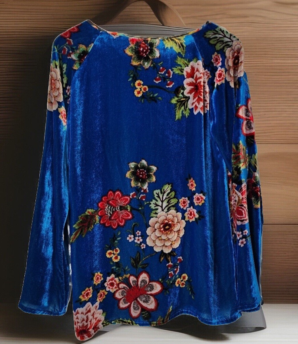 Johnny Was 3X Blue Velvet Tunic Top Floral Long Sleeve Blouse Shirt Mini Dress Johnny Was