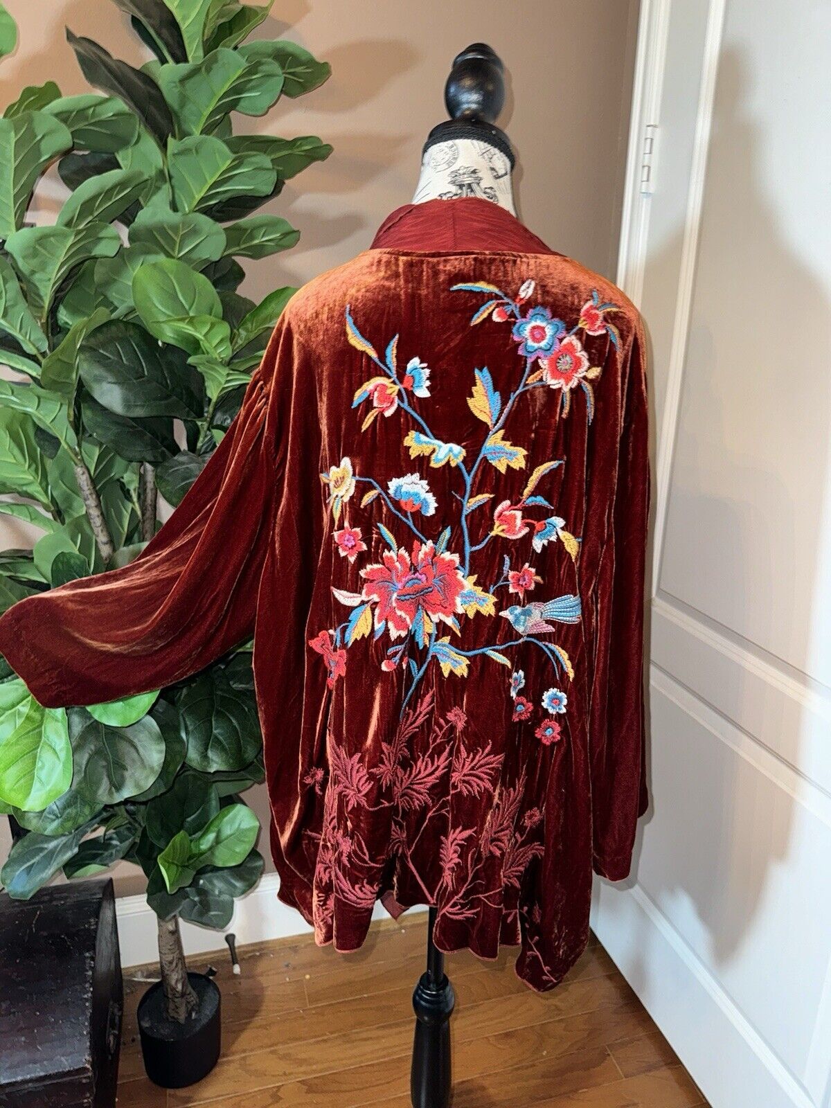 Johnny Was 3X Wine Red Velvet & Silk Kimono Wrap Embroidered Cardigan Jacket