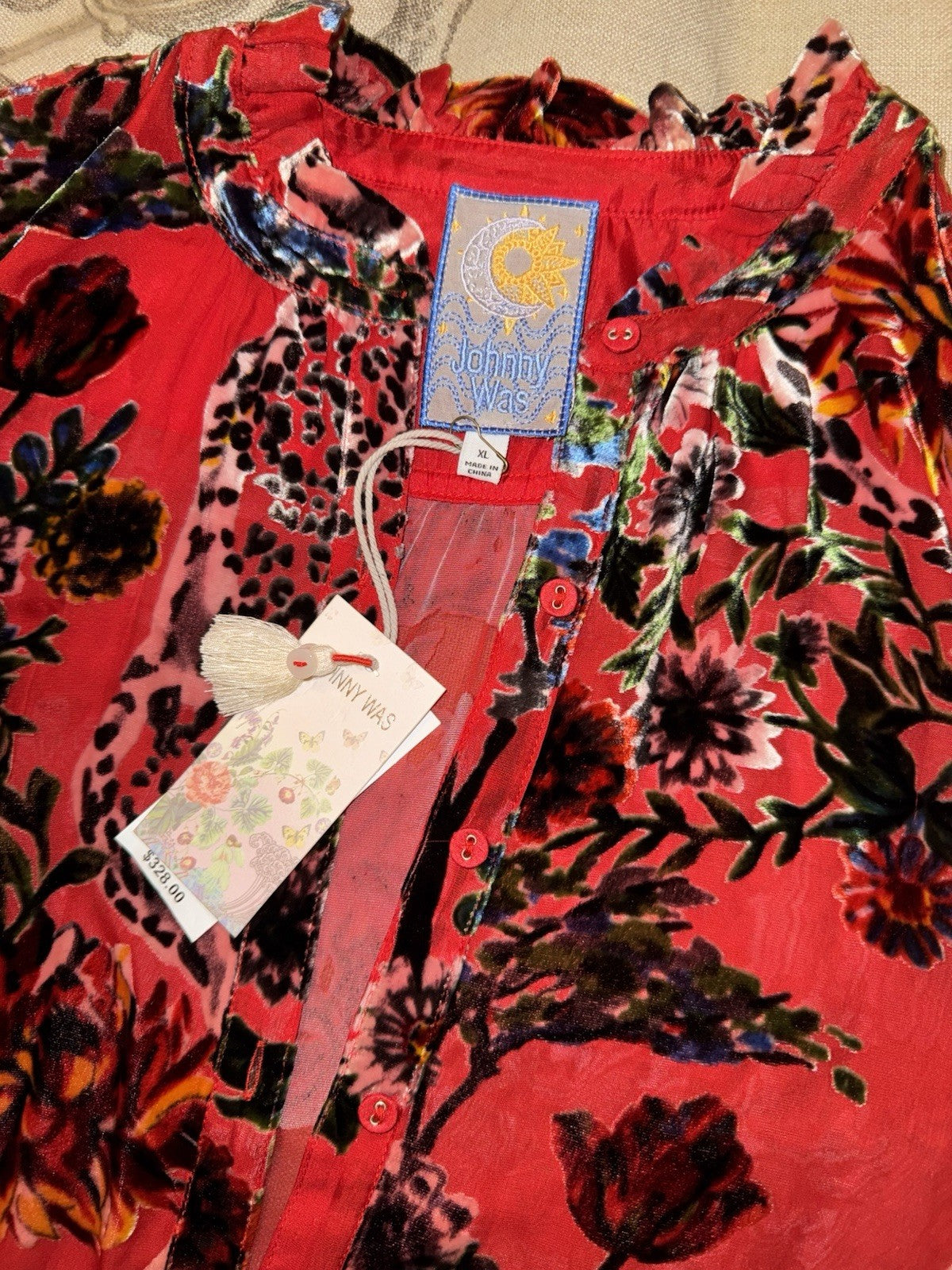 Johnny Was XL Red Burnout Velvet Button Up Blouse Tunic Top Shirt Floral Johnny Was