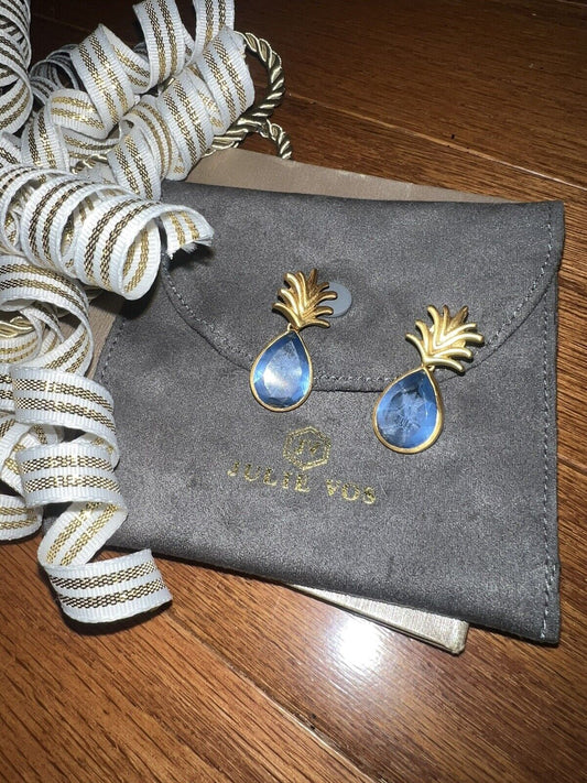 NEW Julie Vos Gorgeous Blue & 24k Gold Plate Pineapple Earrings FUN