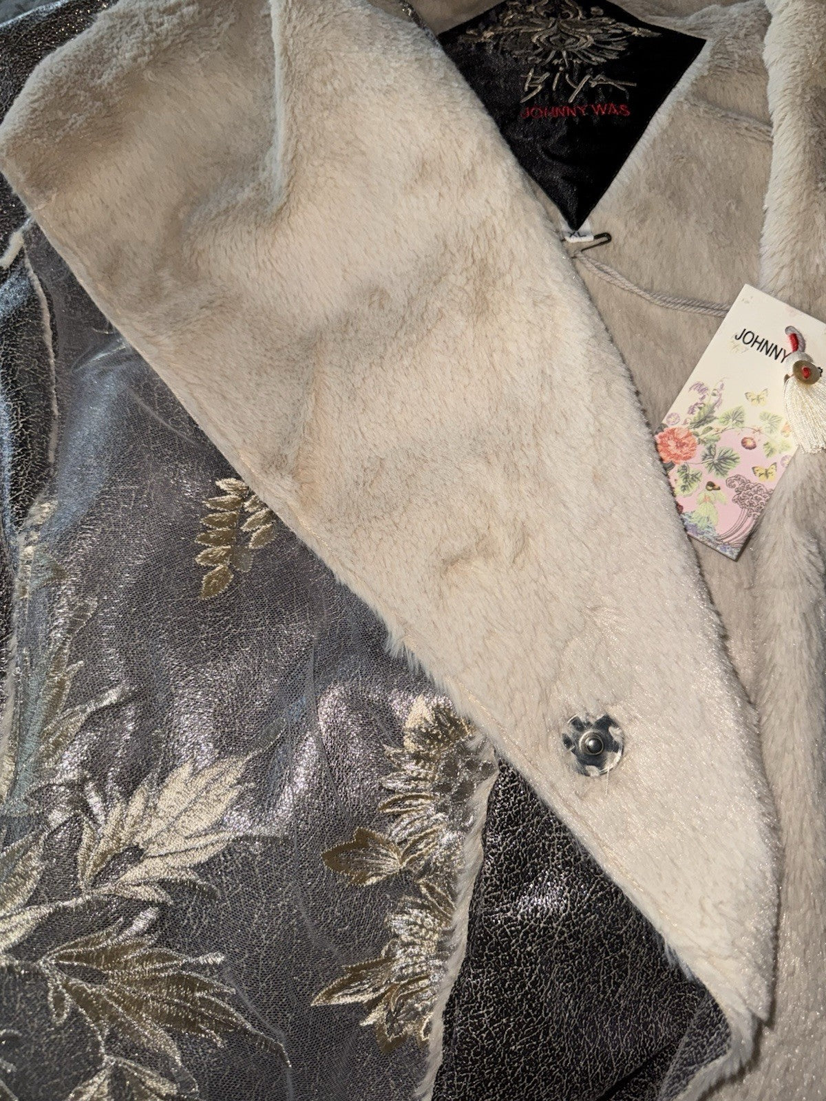 Johnny Was XL Silver Faux Suede & Fur Jacket Coat Applipue & Embroidery Johnny Was