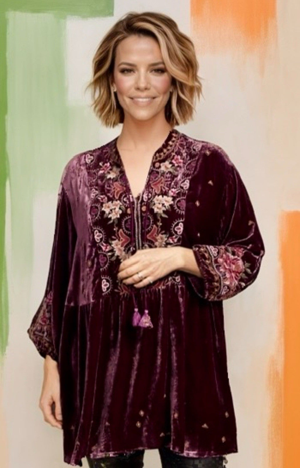 Johnny Was 1X Plus Burgundy Velvet Mini Shift Dress Peasant Tunic Embroidery Johnny Was