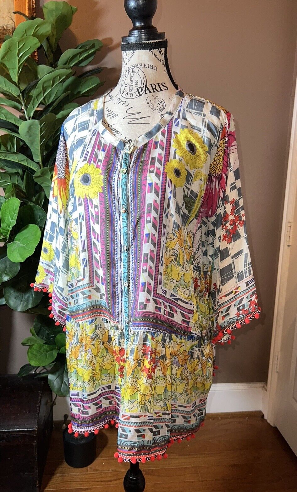 Johnny Was 100% Silk Tunic Top With Puff Ball Trim Sz Petite XL  PXL