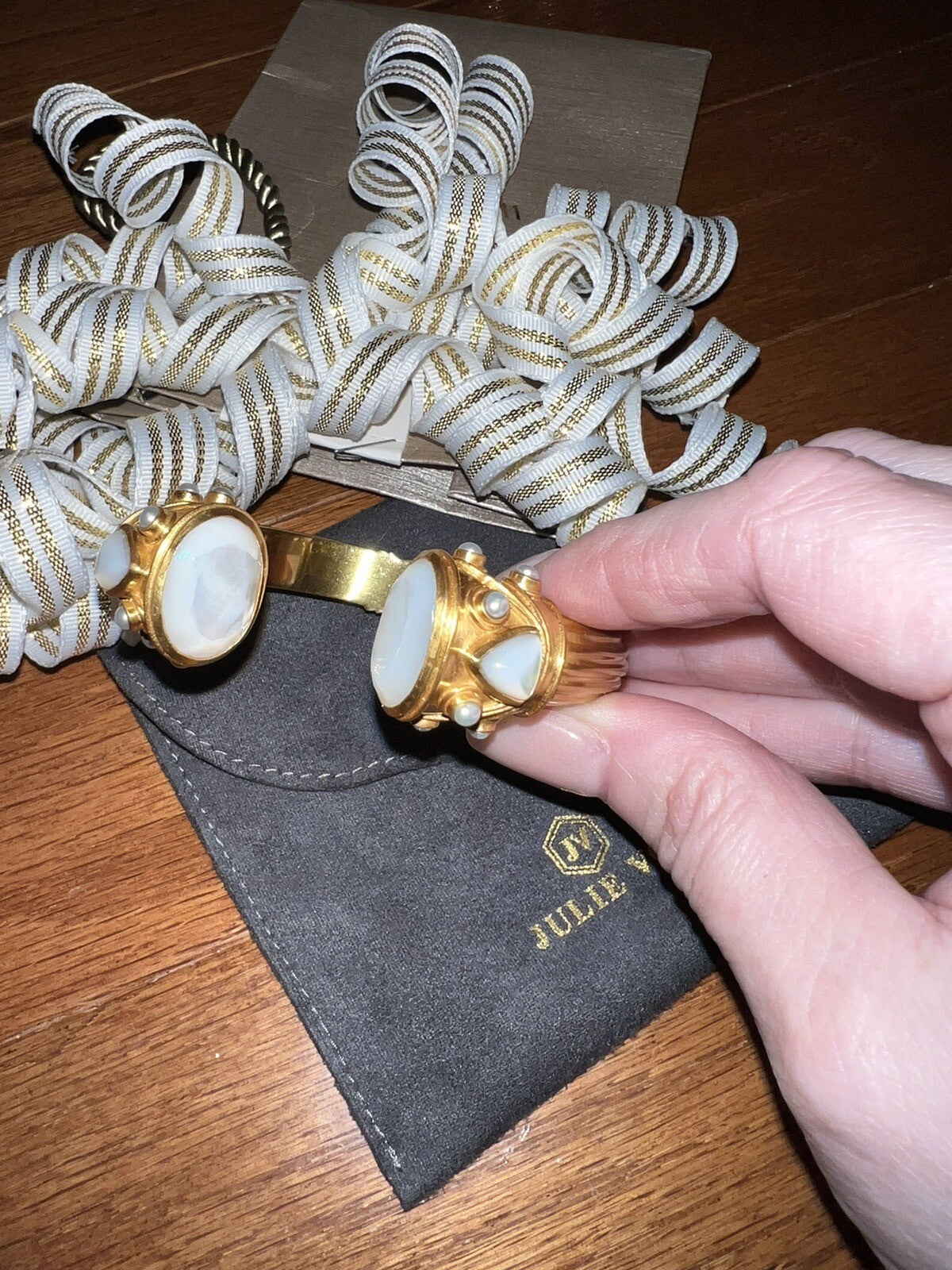 Julie Vos Hinged Bangle Cuff Bracelet 24k Gold Plate & Creamy White Julie Vos