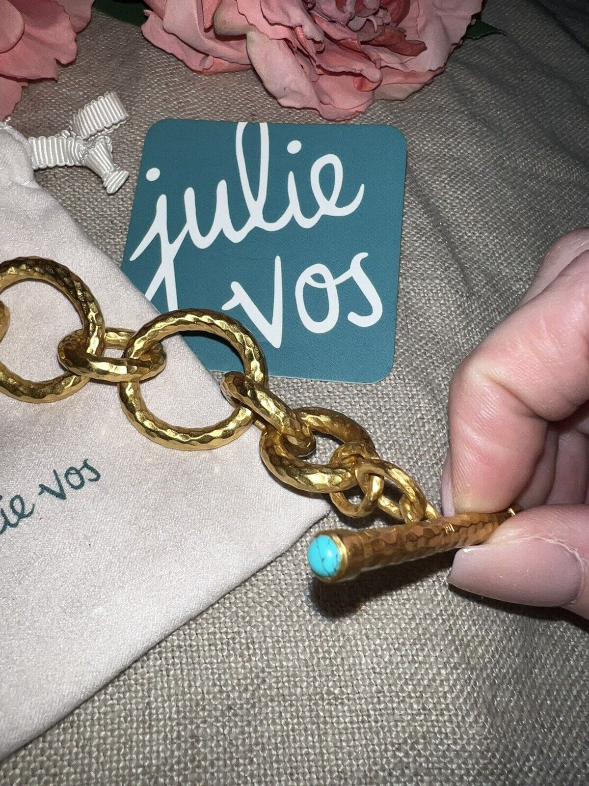 NEW Julie Vos 8.5” Large Size Turquoise Cap Link Bracelet Adjustable Toggle NWOT