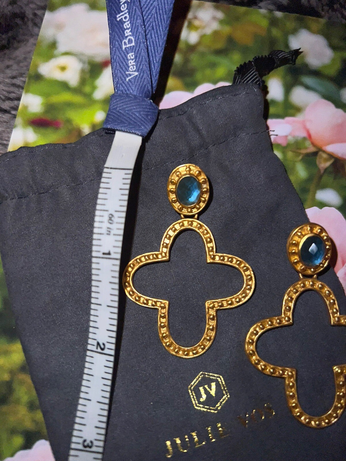 Julie Vos 24k Gold Plate & Blue Stone Cross Statement Earrings WOW Julie Vos