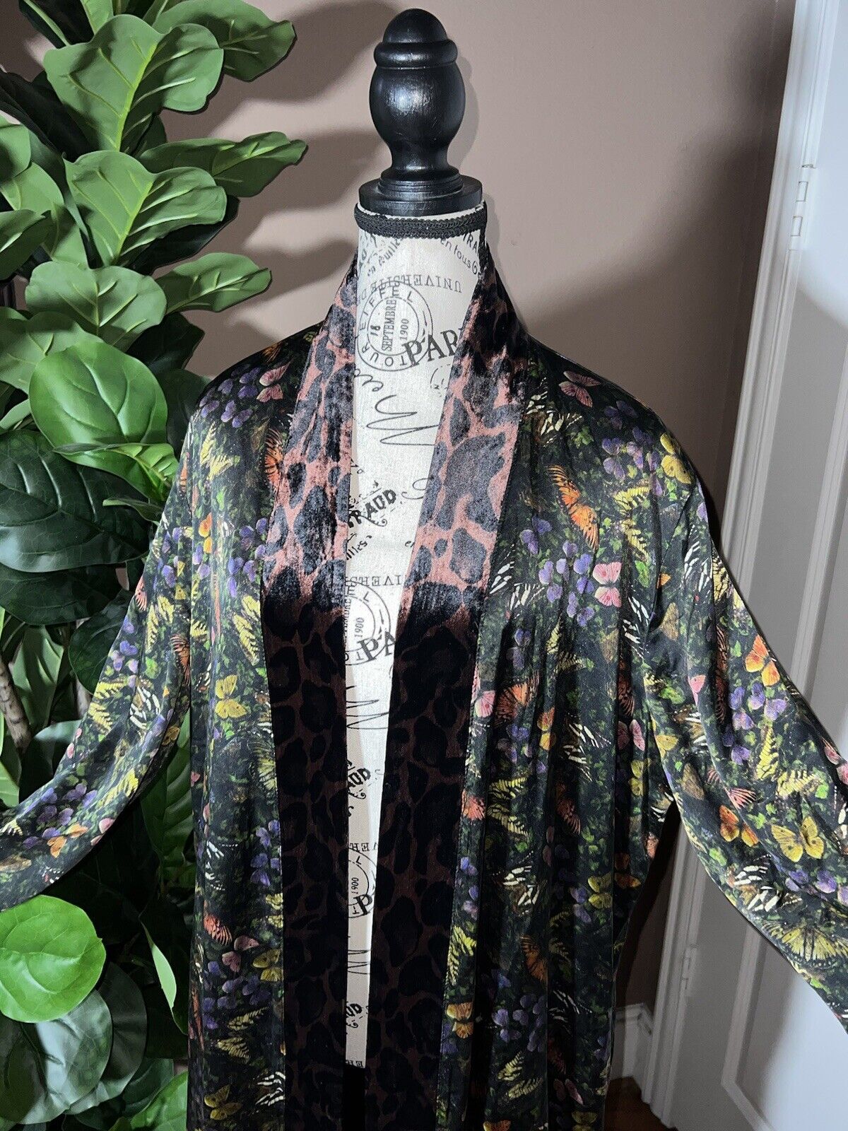 Johnny Was Velvet & Silk Long Kimono Duster L Large Butterflies & Leopard