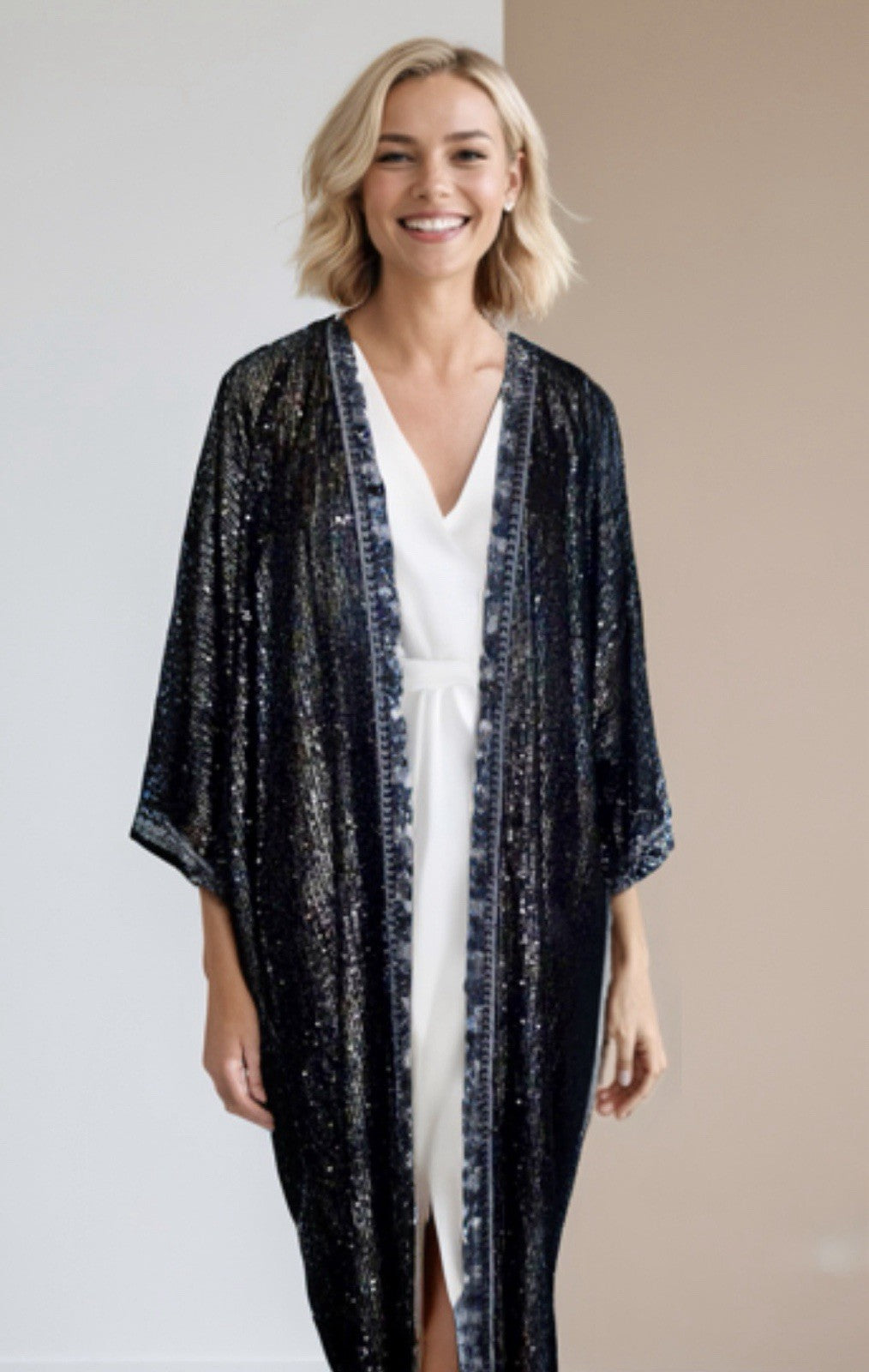 Johnny Was L 100% Silk & Sequins Black KIMONO Long Duster Coat REVERSIBLE Johnny Was