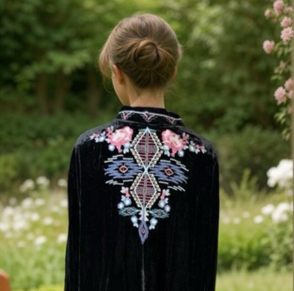 Johnny Was Black Velvet XL 1X Aztec Kimono Wrap Duster Jacket Coat Cardigan