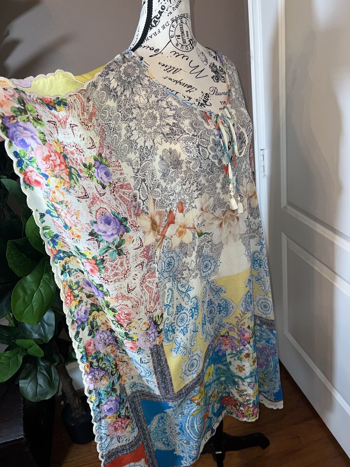 Johnny Was Silky Long Kimono Kaftan Floral & Patchwork Yellow XXL 2XL 2X SPRING