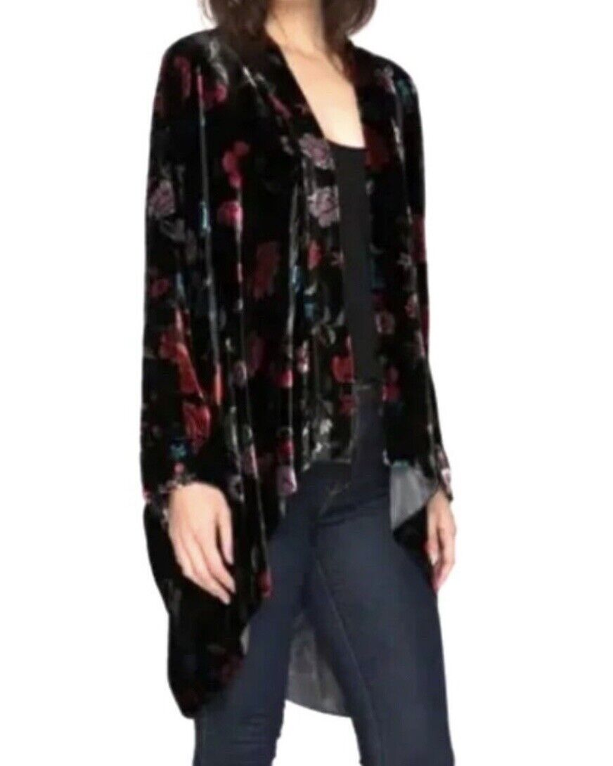 Johnny Was Black & Red Velvet Sz 3X 3XL Kimono Wrap Floral Cardigan Jacket