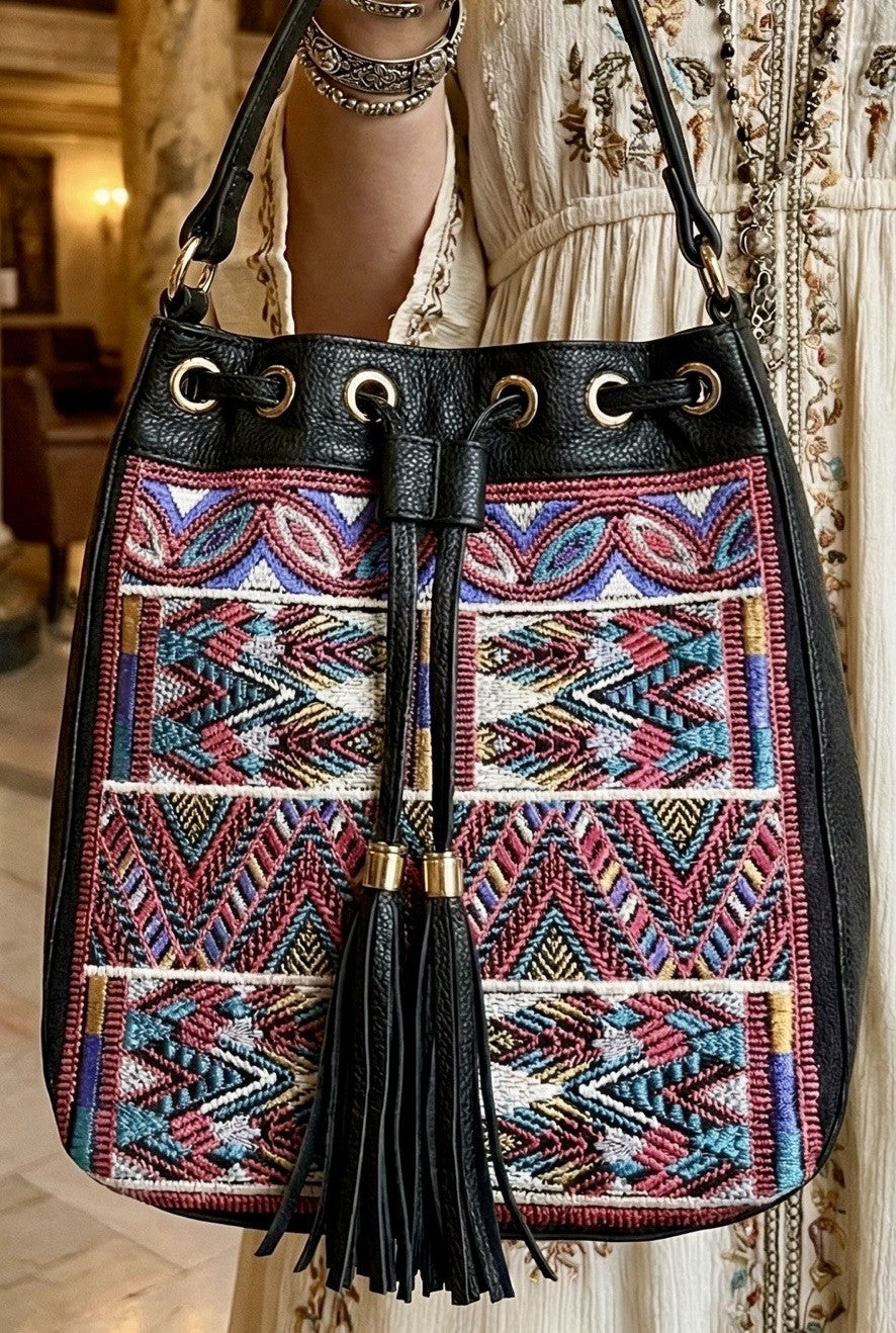 Johnny Was Black Leather Tote Bag Purse Crossbody Beautiful Embroidery Johnny Was