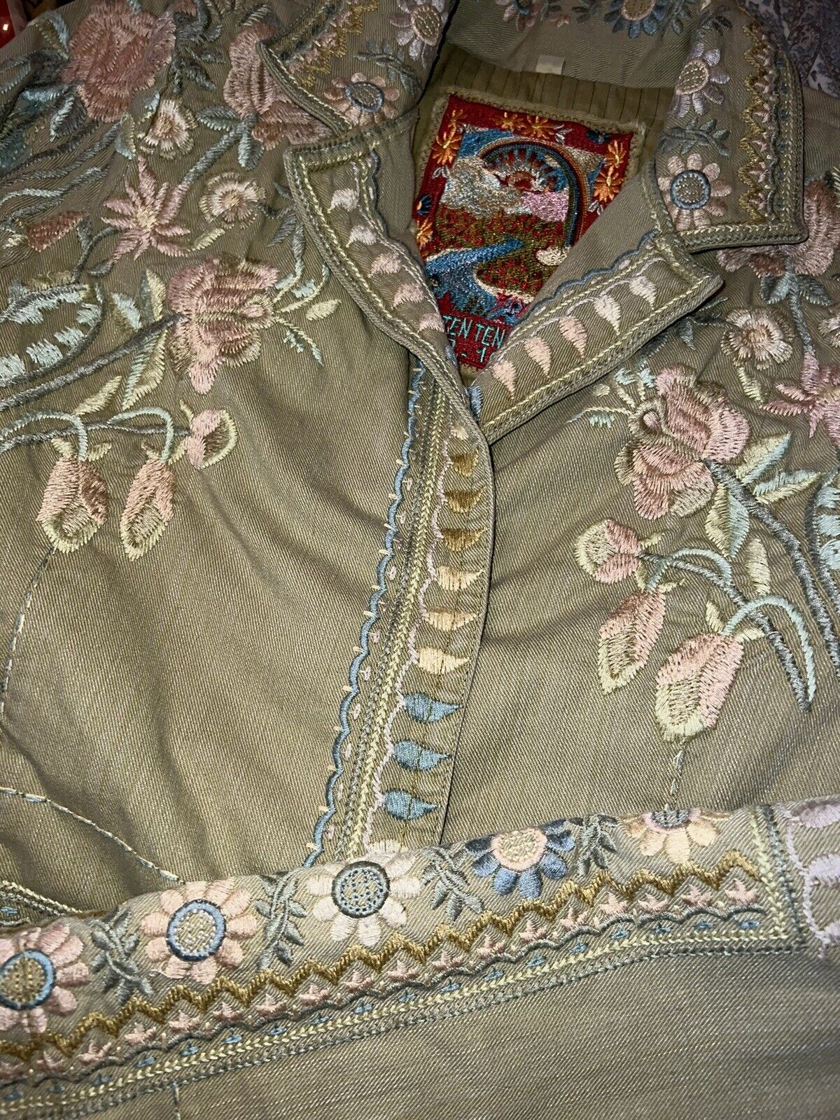 Johnny Was Embroidered Denim Jacket Coat Light Green/Lovely Soft Pink Flowers S