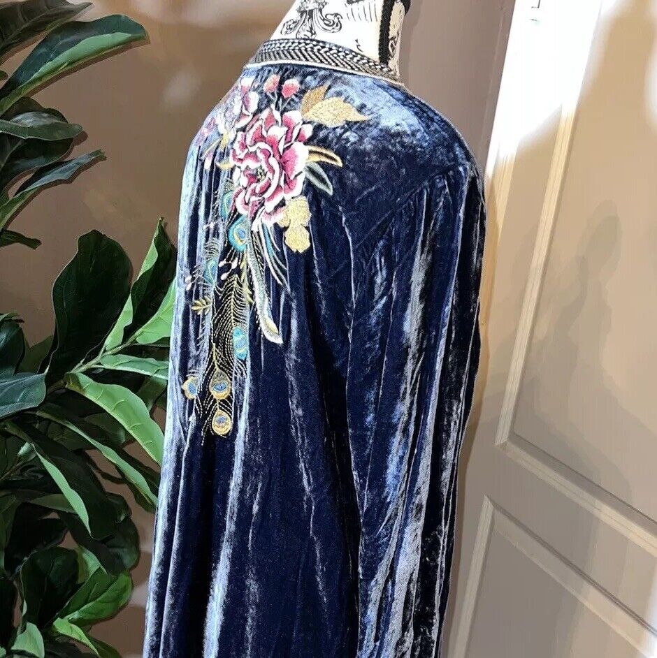 Johnny Was 3X Blue Velvet Mini Shift Dress Peacock Feather Embroidery Kimono SEE