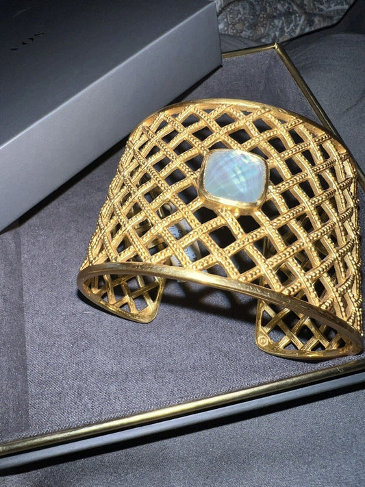 NEW Julie Vos Basketweave Cuff Bracelet 24k Gold Plated Iridescent White Stone